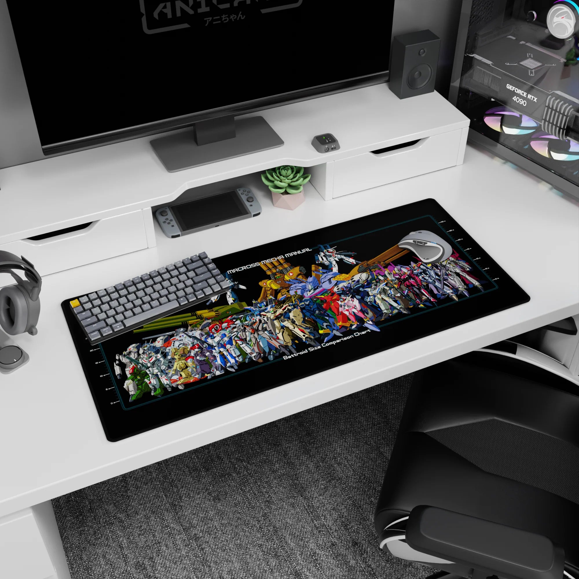 Valkyrie battroids and artillery frames stacked like a hangar wall chart on desk pad 36x16 inches.
