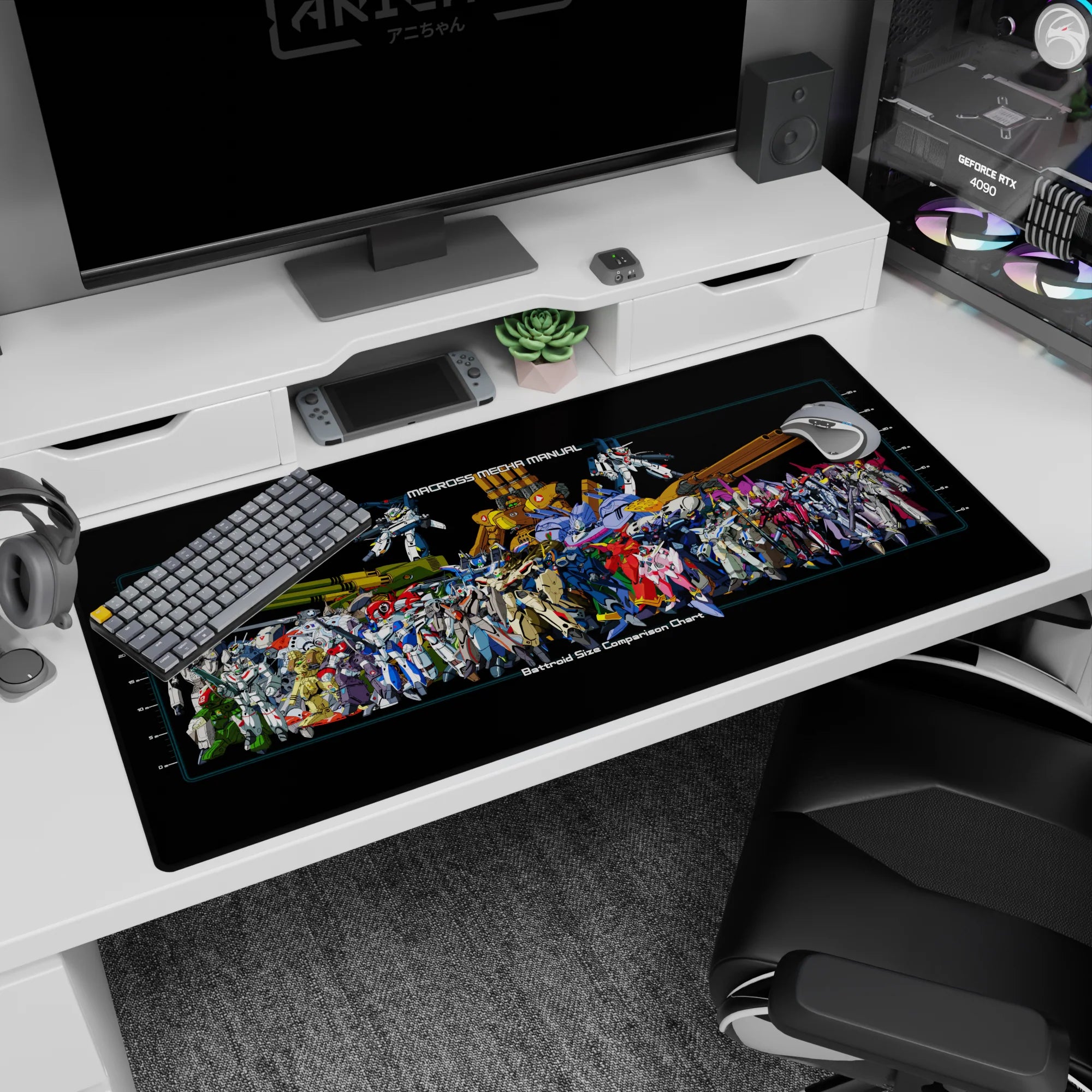 Macross Valkyrie battroid parade on an anime desk pad 40x20 inches, stacked mecha with tech markings.