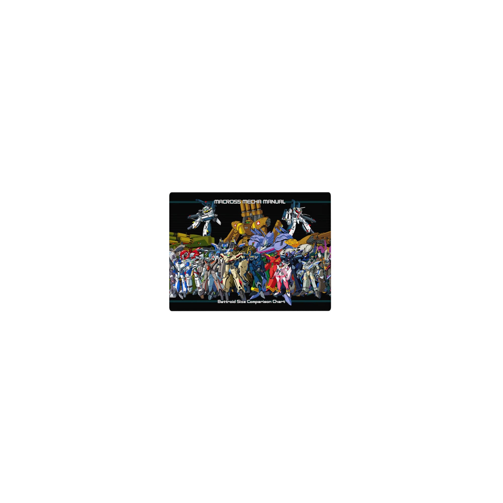 Macross mecha manual size chart mouse pad, 14x10 inches, packed battroid silhouettes and grid lines.