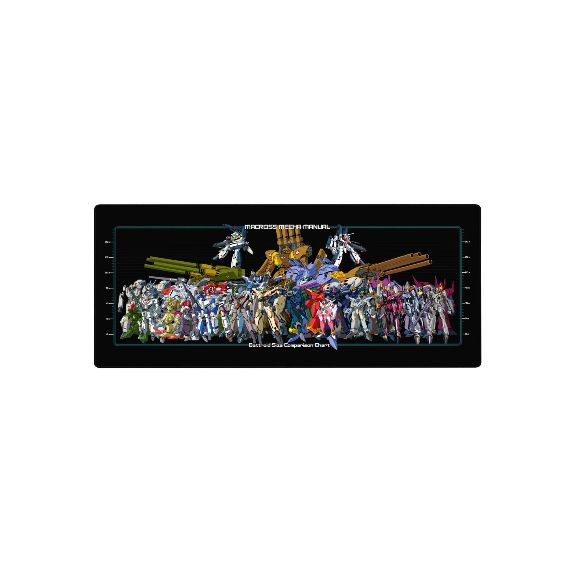 Macross mecha manual size chart desk mat, battroid silhouettes and tech grid, 28x12 inches.