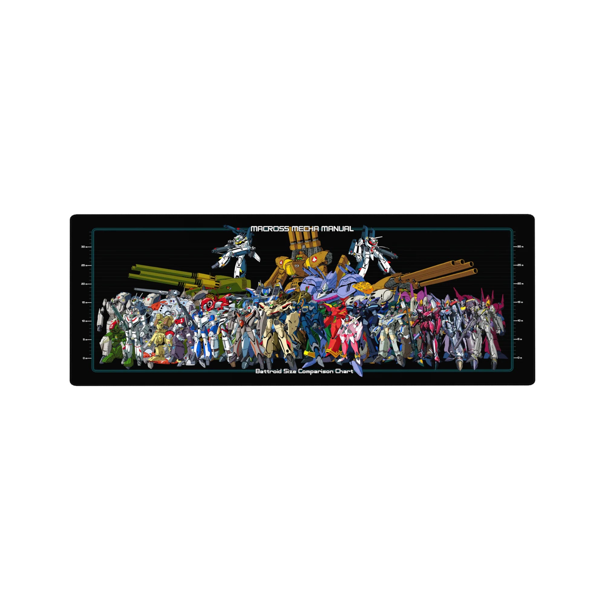 Macross mecha manual size chart desk mouse pad 32x12 inches with Valkyrie and battroid silhouettes.