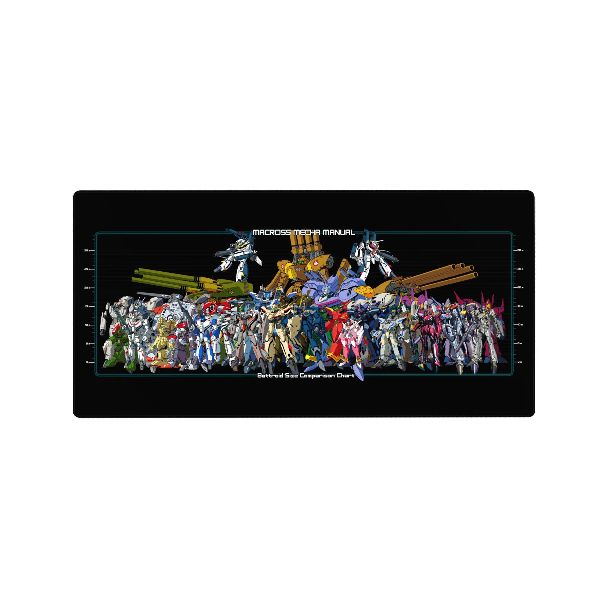 Macross Mecha Manual battroid size chart collage anime mouse pad, 32x16 inches.