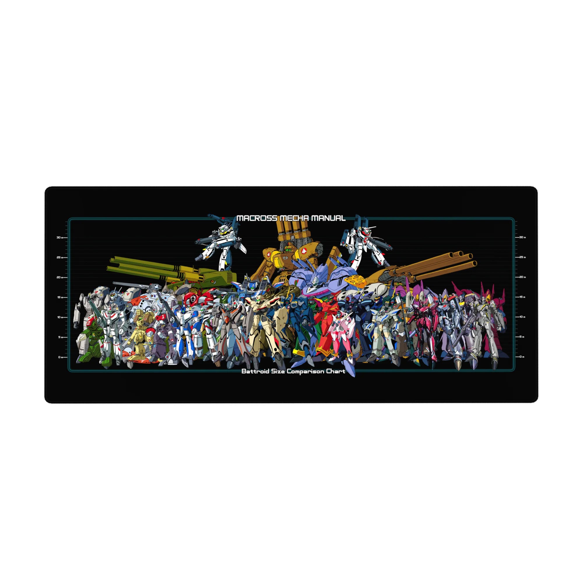 Macross mecha manual size chart lineup anime desk pad 36x16 inches with grid lines and tech labels.