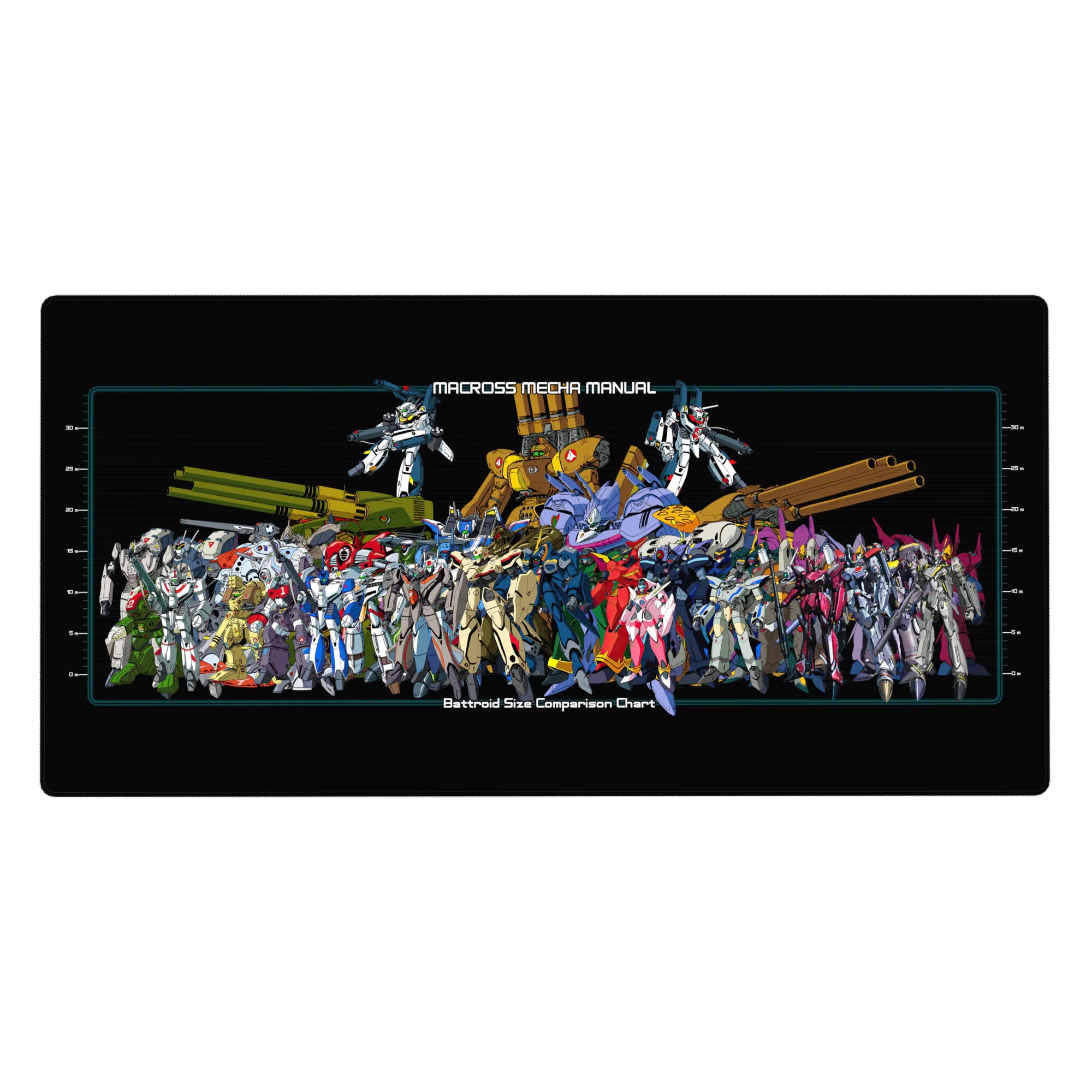 Macross mecha manual size chart anime desk pad 40x20 inches with Valkyrie battroid silhouettes and grid.