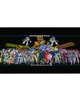 Macross mecha manual size chart anime desk pad 40x20 inches with Valkyrie battroid silhouettes and grid.