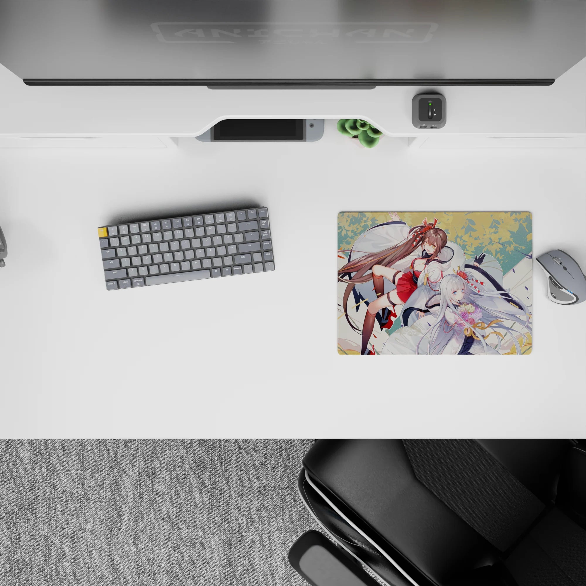 Warm cream, gold, and blush anime mouse pad 14x10 inches with crisp line art and soft fantasy vibe.