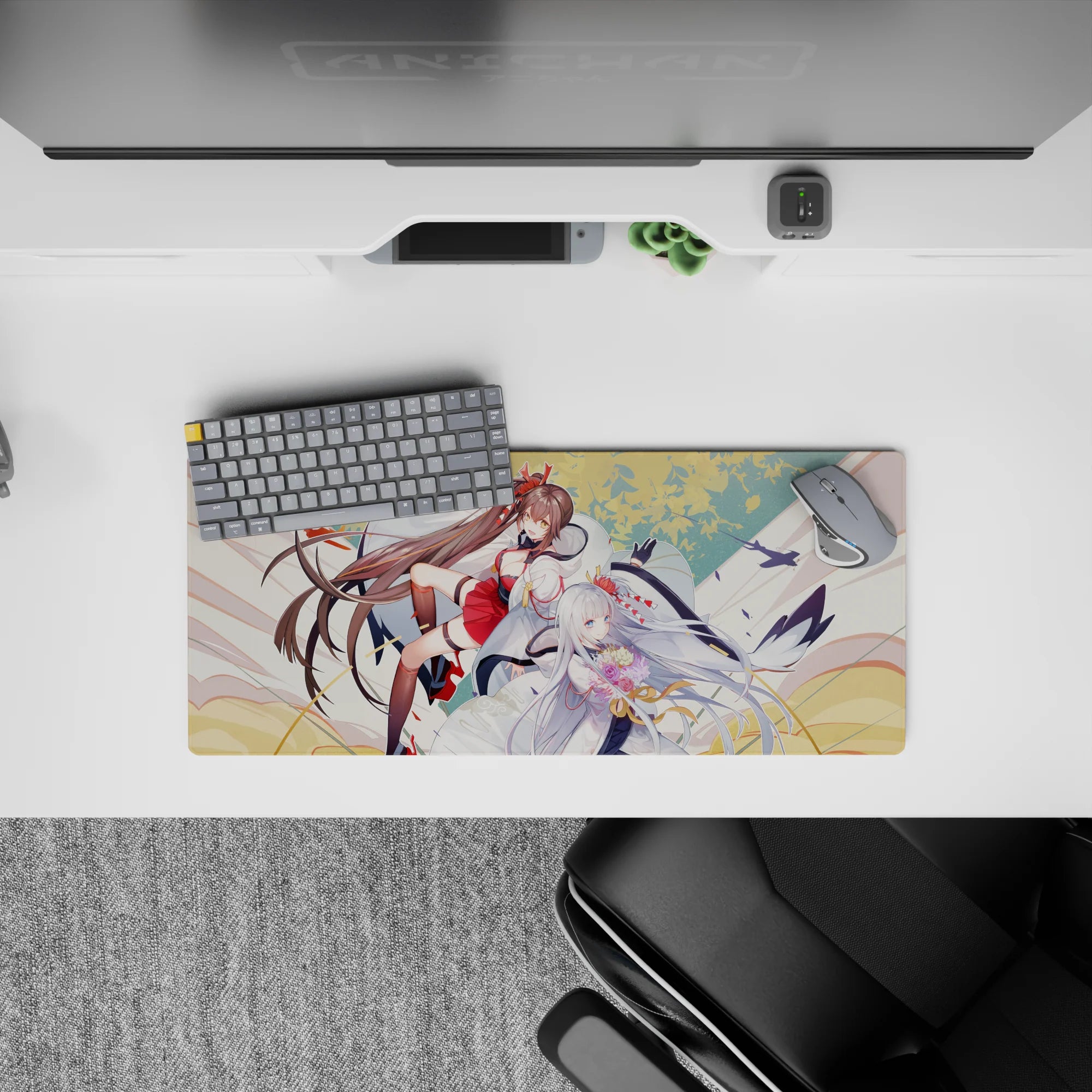 28x12 inches anime girl mouse pad in warm cream and gold tones with blush petals and crisp line art.