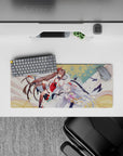 28x12 inches anime girl mouse pad in warm cream and gold tones with blush petals and crisp line art.