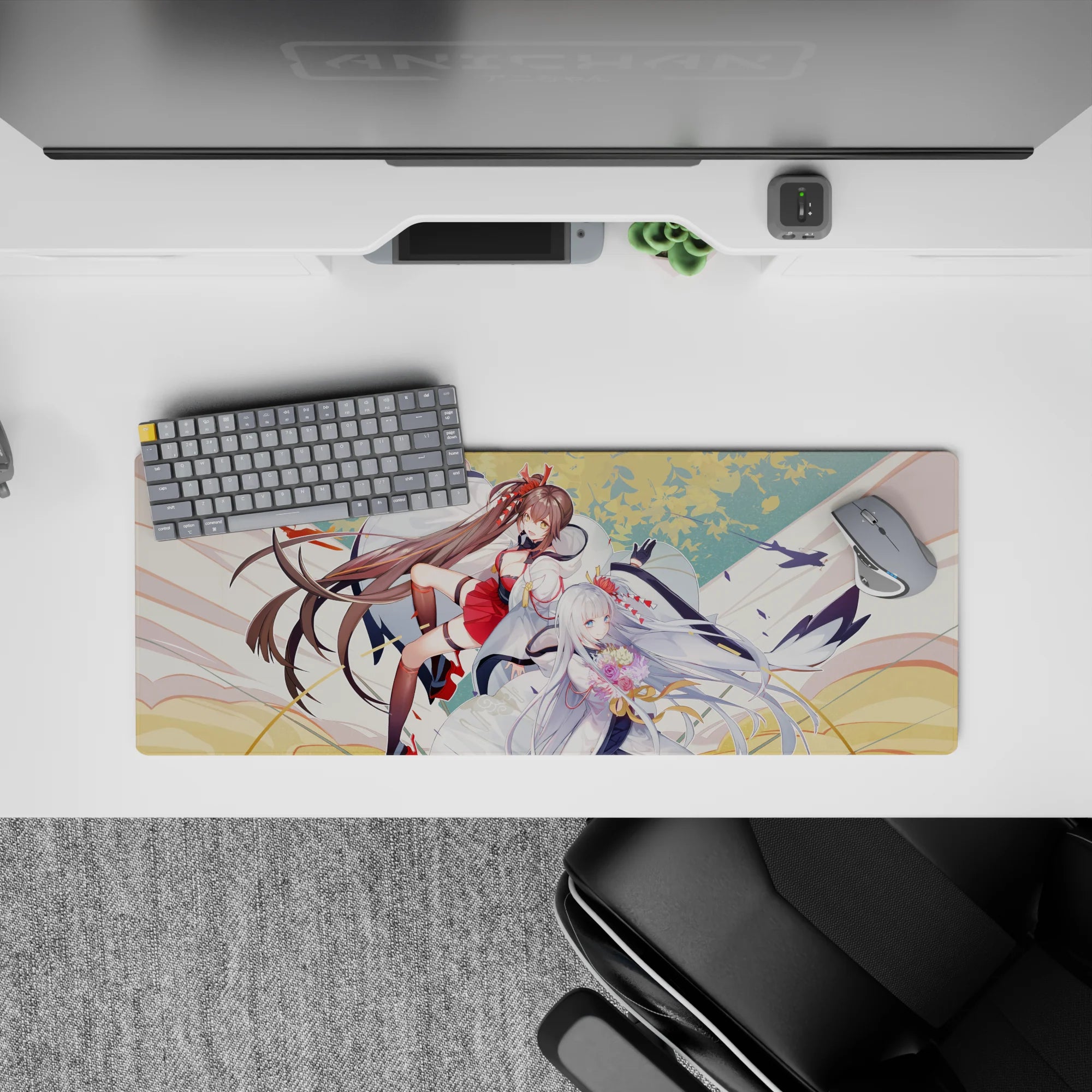 32x12 inches anime girl mouse pad in warm cream, gold and blush tones with drifting petals.