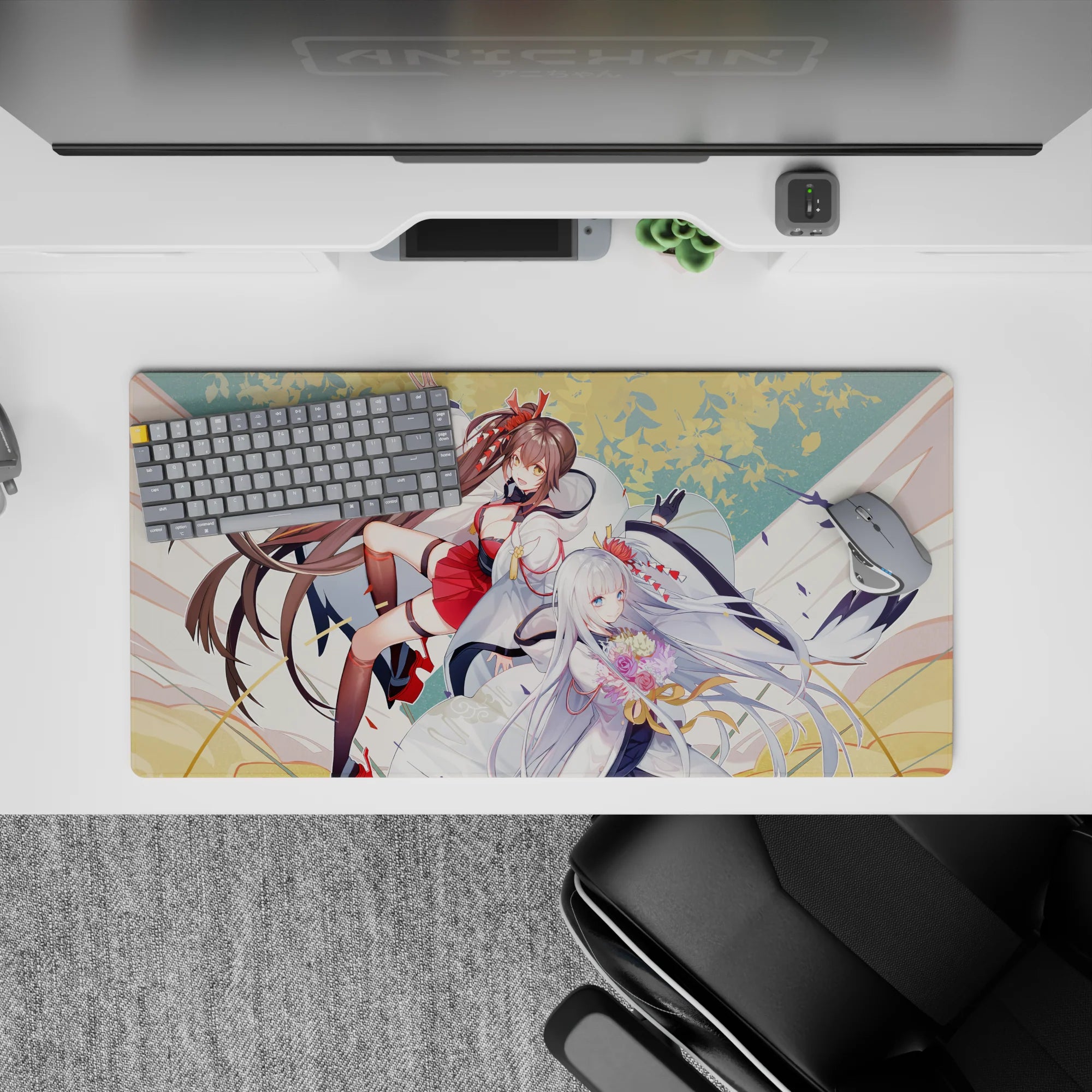 Warm cream, gold, and blush anime girl mouse pad 32x16 inches with crisp linework and soft charm.