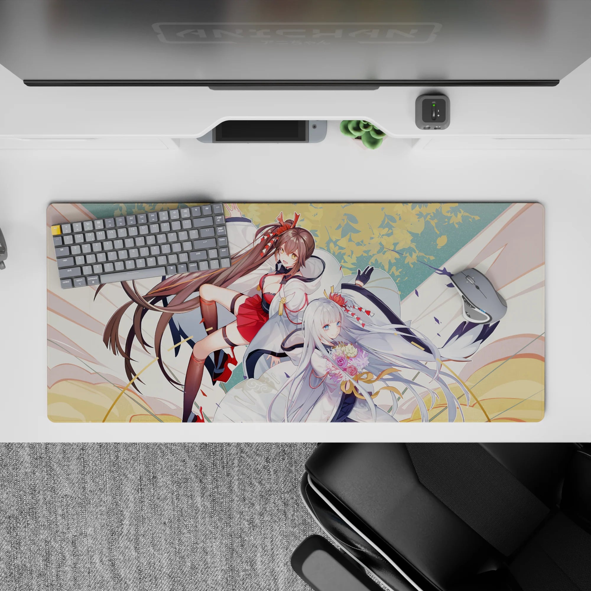 Warm cream, gold, and blush anime desk pad 36x16 inches with soft petals and crisp linework.