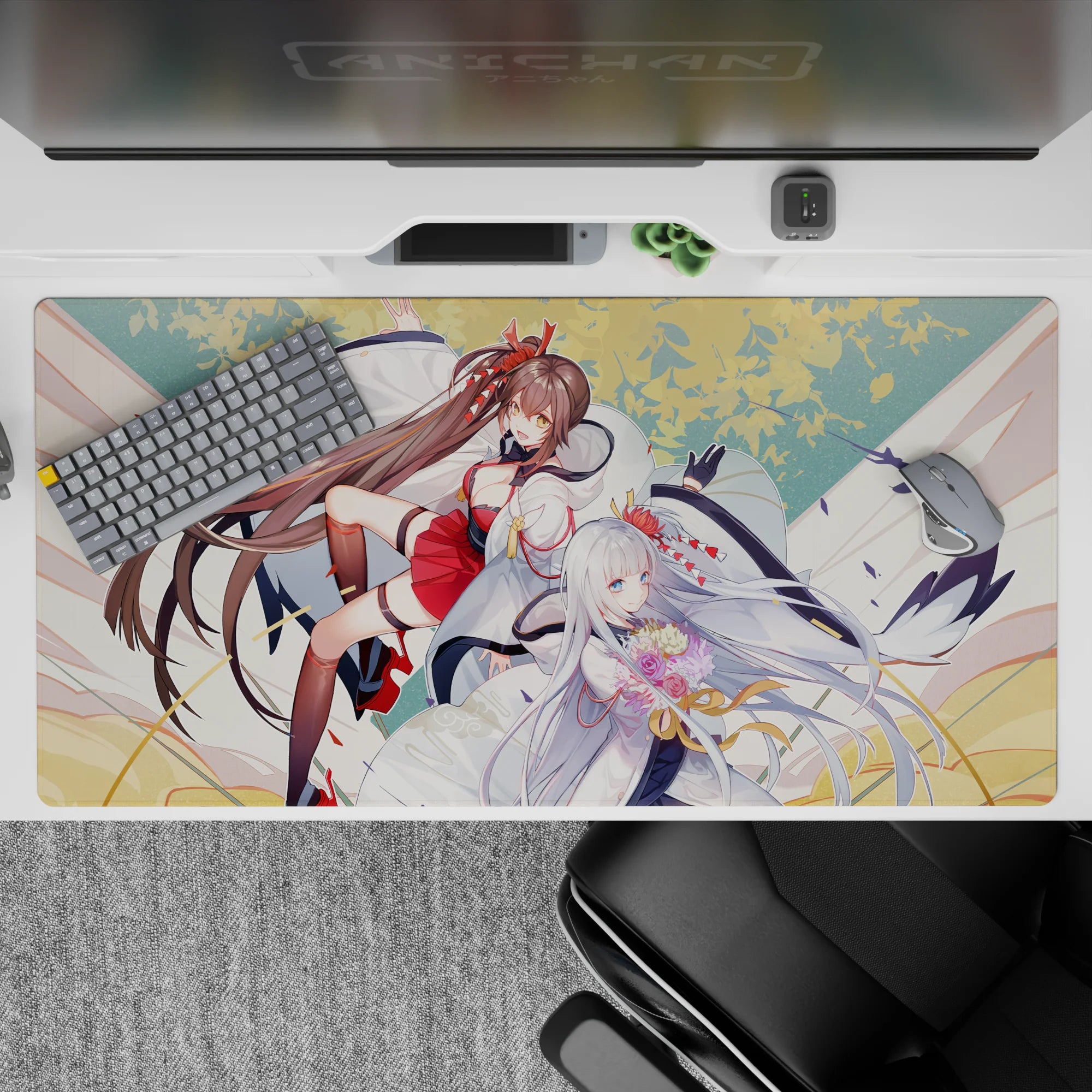 Warm cream, gold, and blush anime desk pad 40x20 inches with petals and soft fantasy charm.