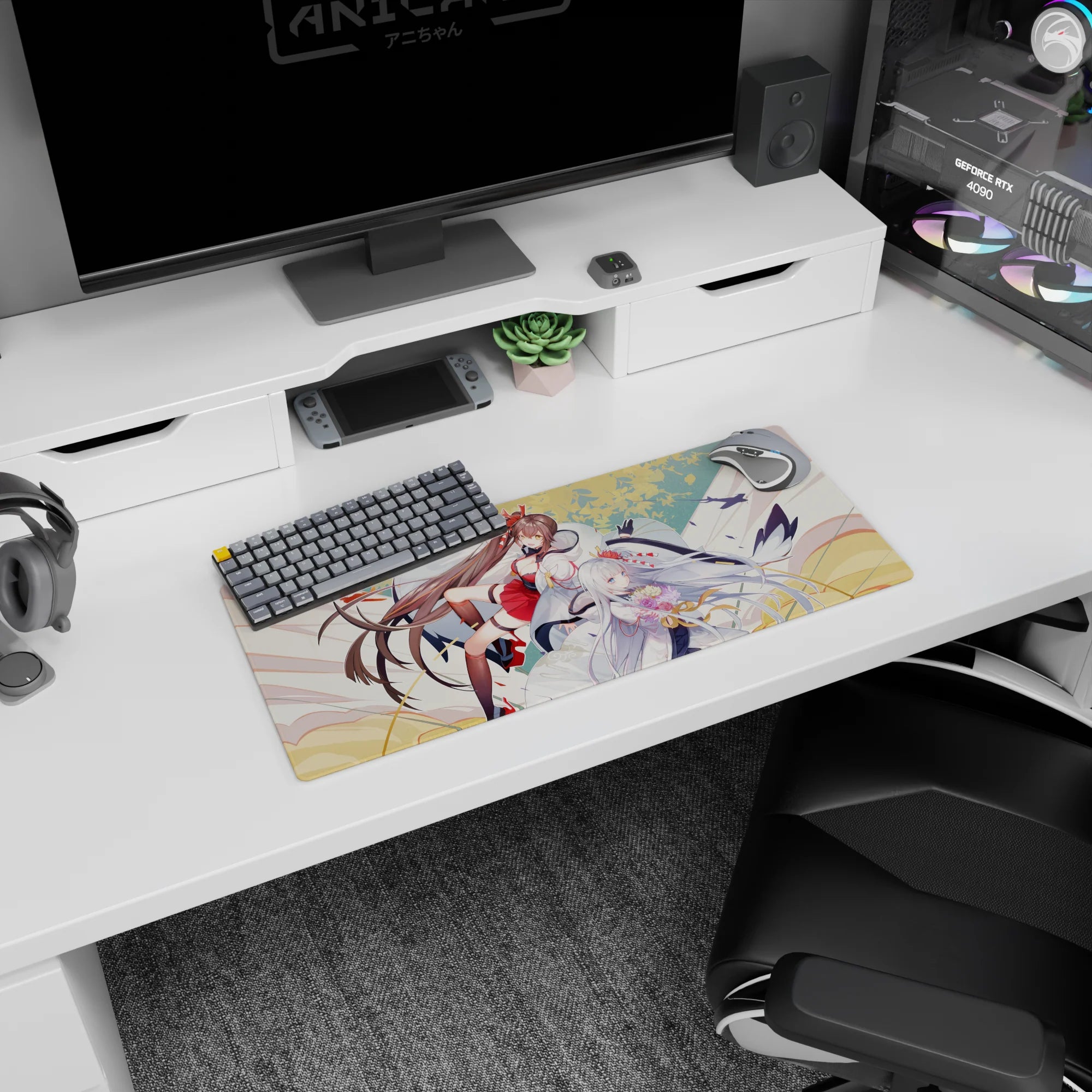 28x12 inches anime girl mouse pad showing two ribbon-haired shrine maidens sweeping across a petal trail.