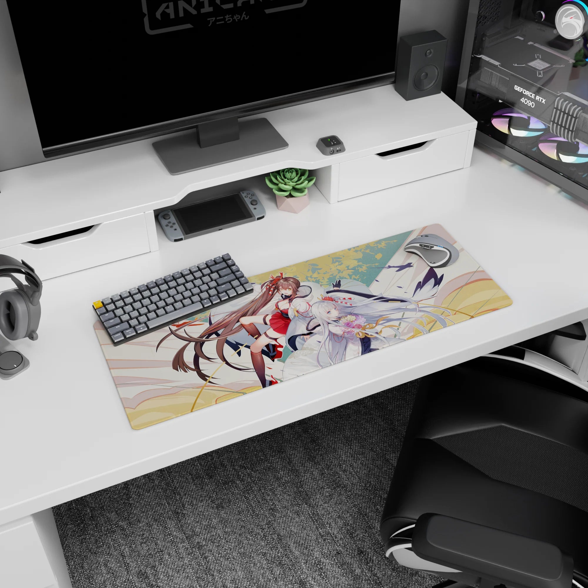 32x12 inches anime girl mouse pad showing a graceful duo with long hair ribbons sweeping past.
