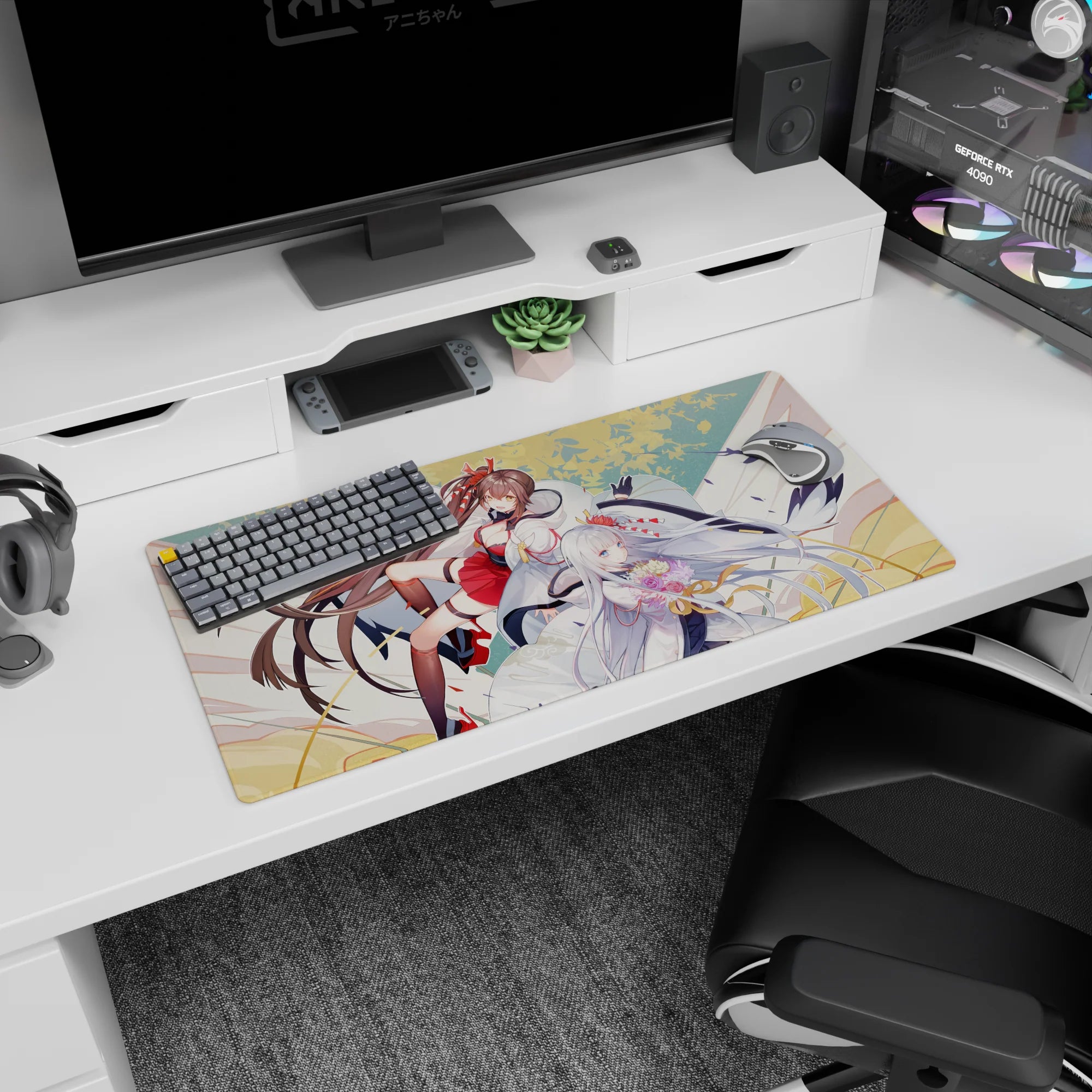 Two graceful anime girls sweeping in flowing miko robes on a 32x16 inches mouse pad with ribbons.