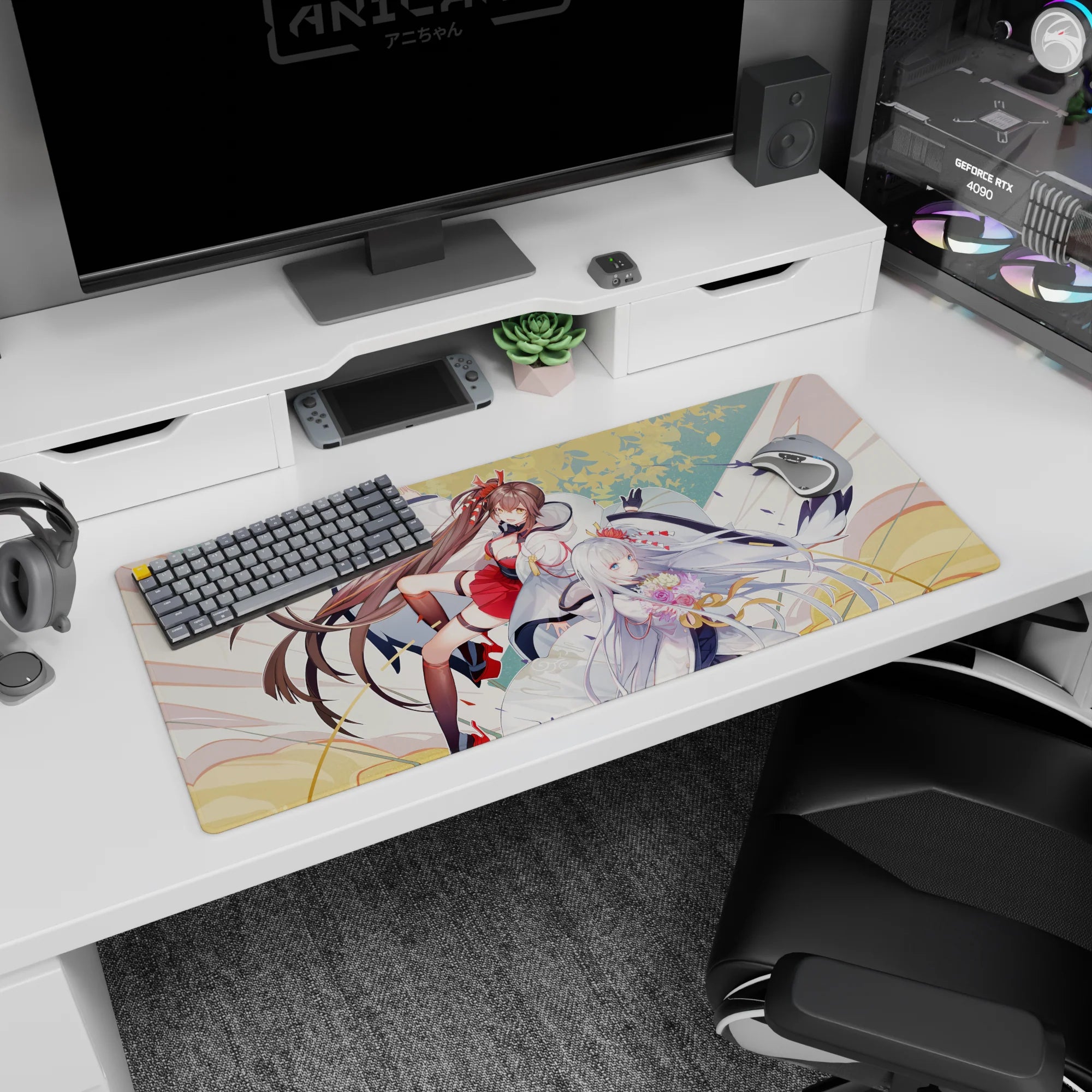 Two graceful anime shrine maidens sweeping across the desk pad 36x16 inches with drifting petals.