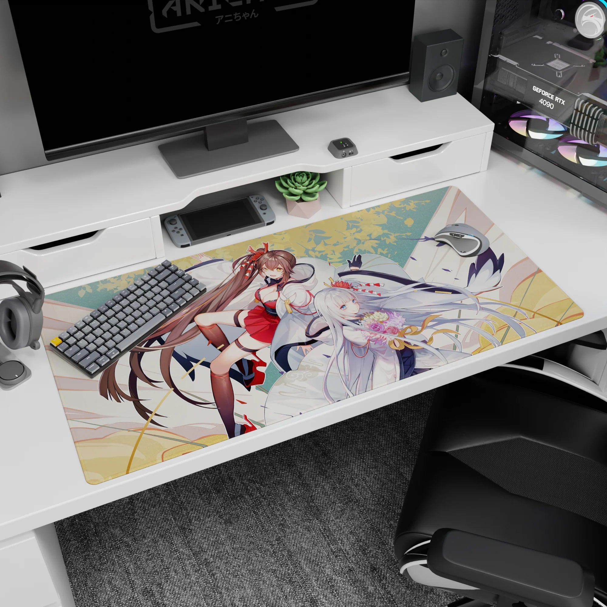 Two anime shrine maidens glide with long ribbons and drifting petals on a 40x20 inches desk pad.