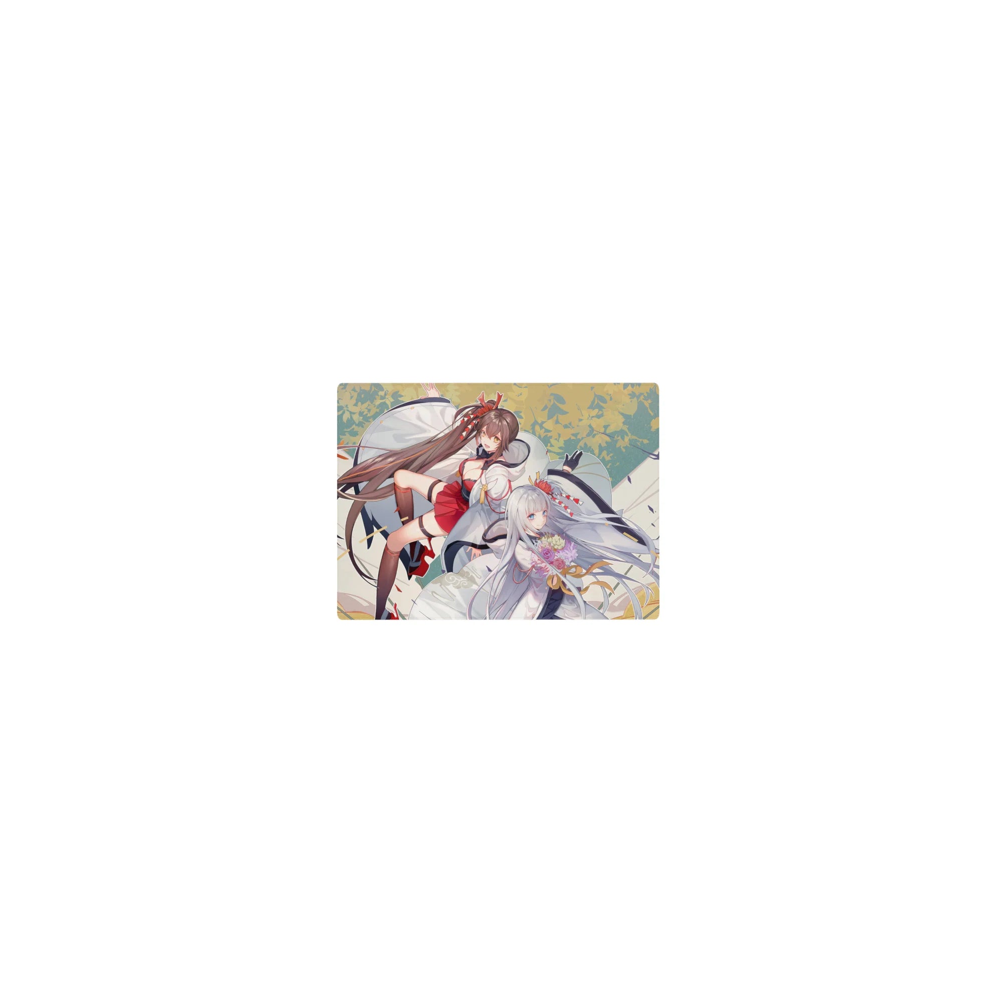 Classic anime girl mouse pad 14x10 inches with two shrine-robed girls, ribbons, and drifting petals.