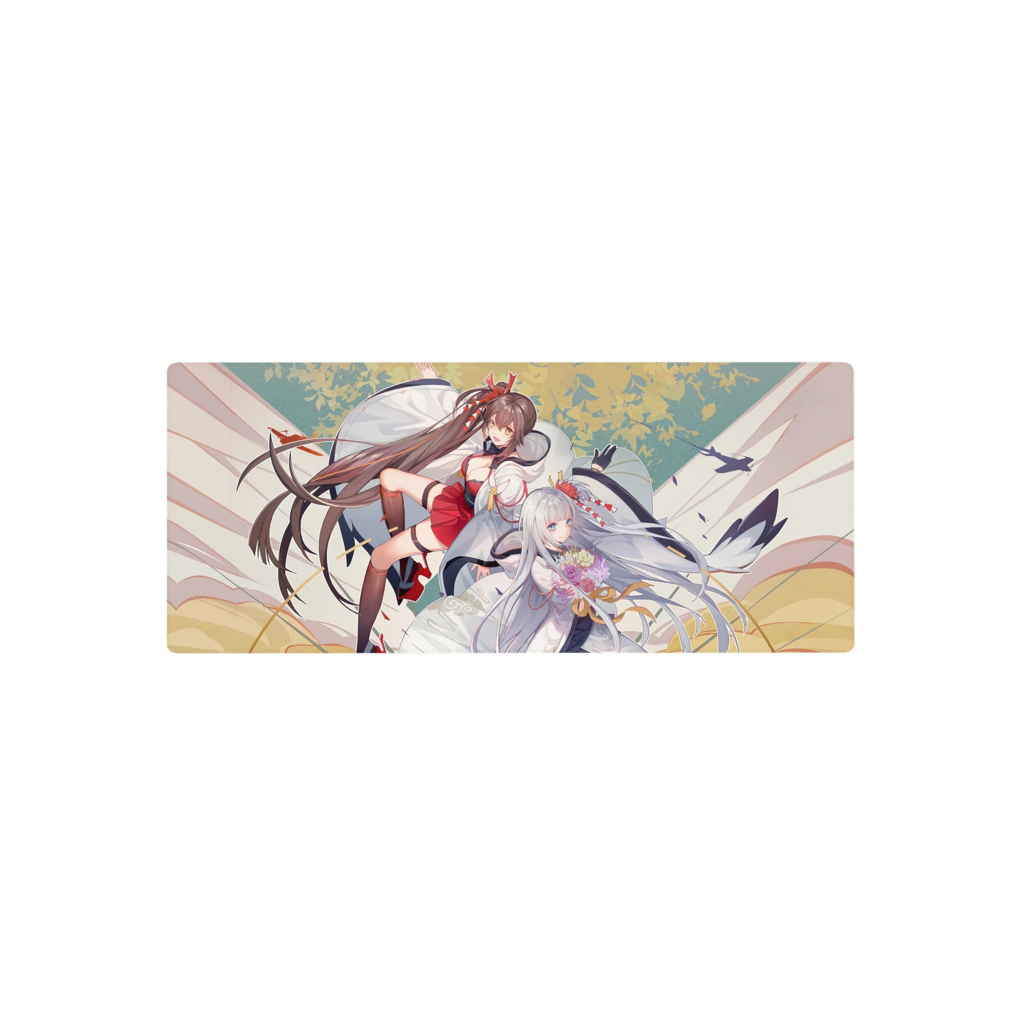 28x12 inches anime girl mouse pad with two shrine fantasy girls in flowing red and white robes.