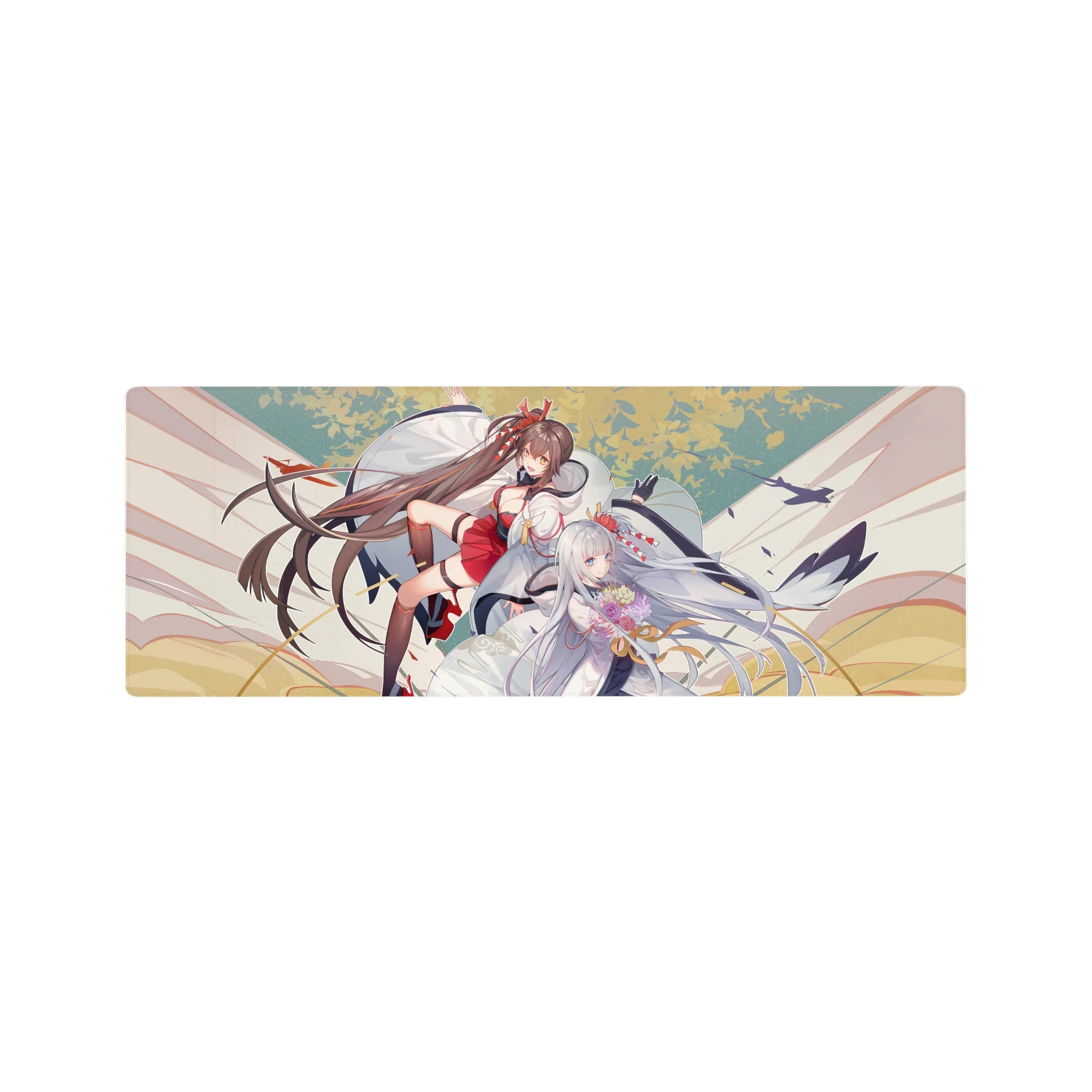32x12 inches anime girl mouse pad with two shrine fantasy girls in flowing red and white robes.