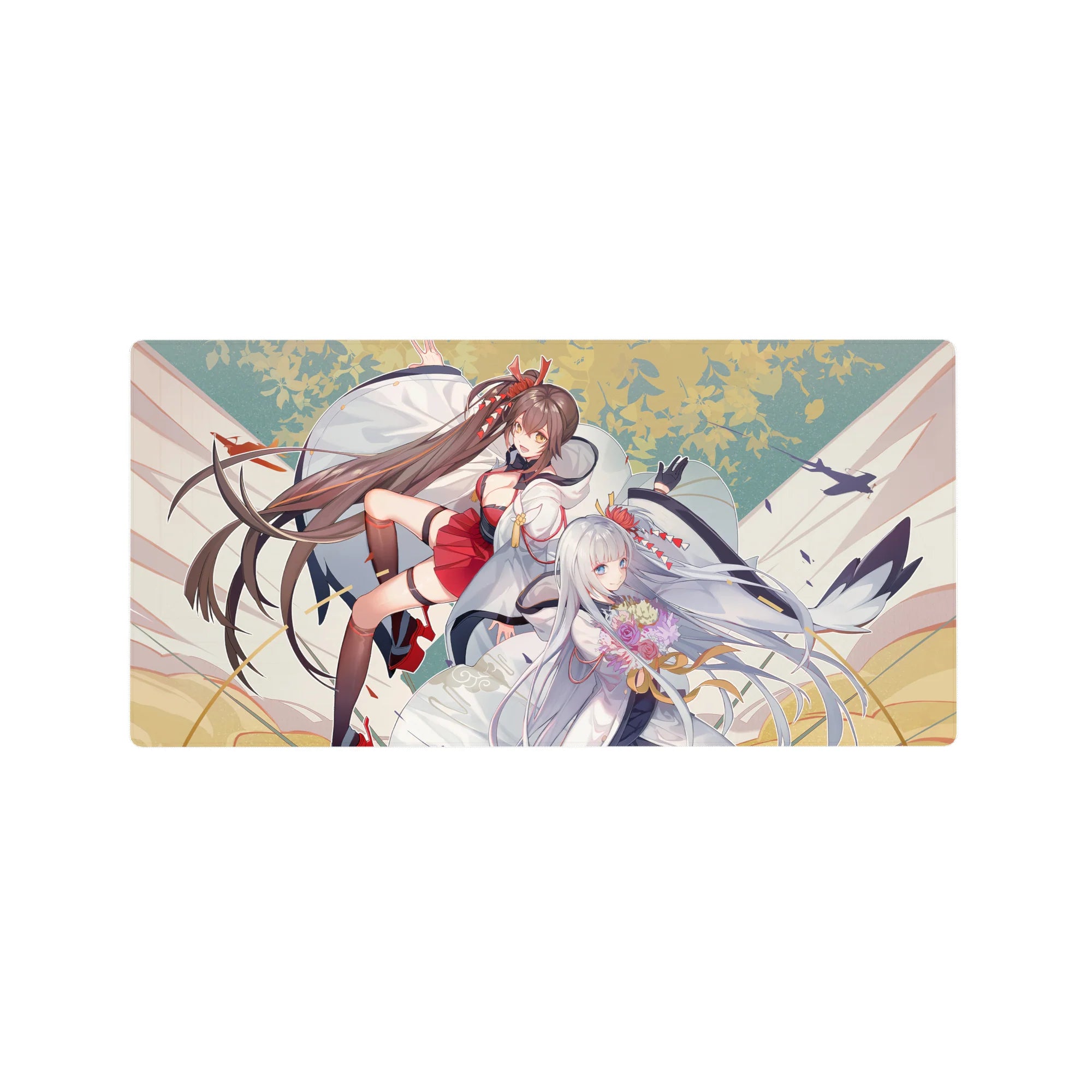 Anime girl mouse pad 32x16 inches with two shrine fantasy girls in white and red robes and petals.