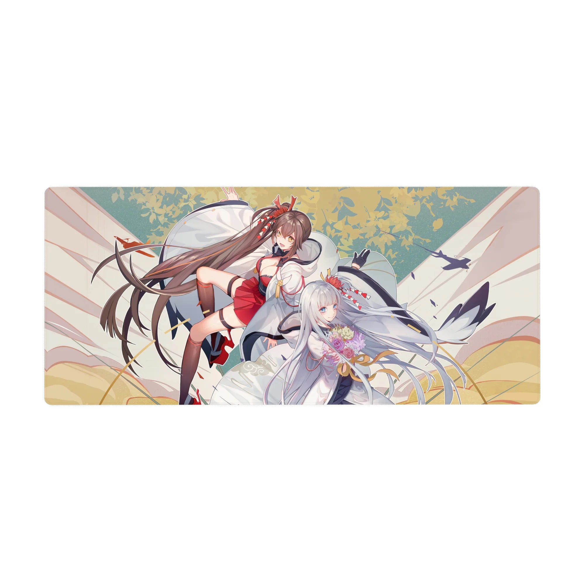 Anime girl desk pad 36x16 inches with two shrine-style girls in white and red robes, flowing ribbons.