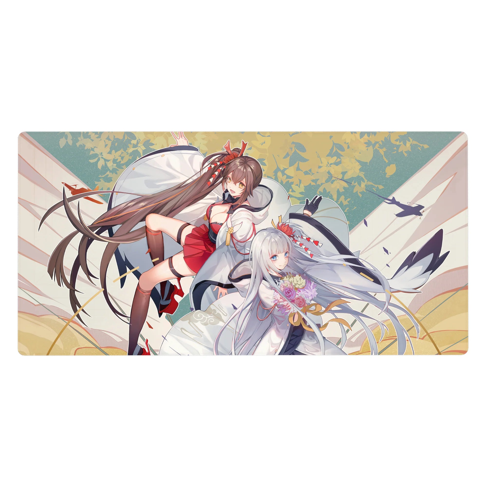 Anime girl desk pad 40x20 inches with two shrine maiden-style girls, flowing red and white robes.