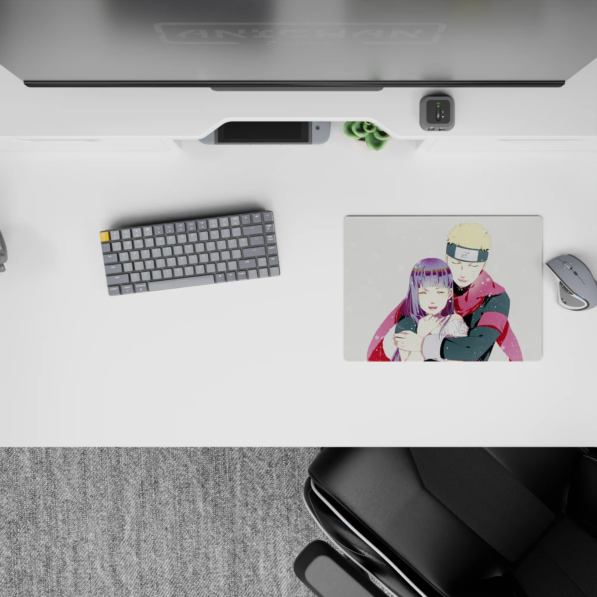 14x10 inches classic anime mouse pad in creamy white with tiny snowflakes and a bold red scarf, cozy glow.
