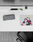 14x10 inches classic anime mouse pad in creamy white with tiny snowflakes and a bold red scarf, cozy glow.