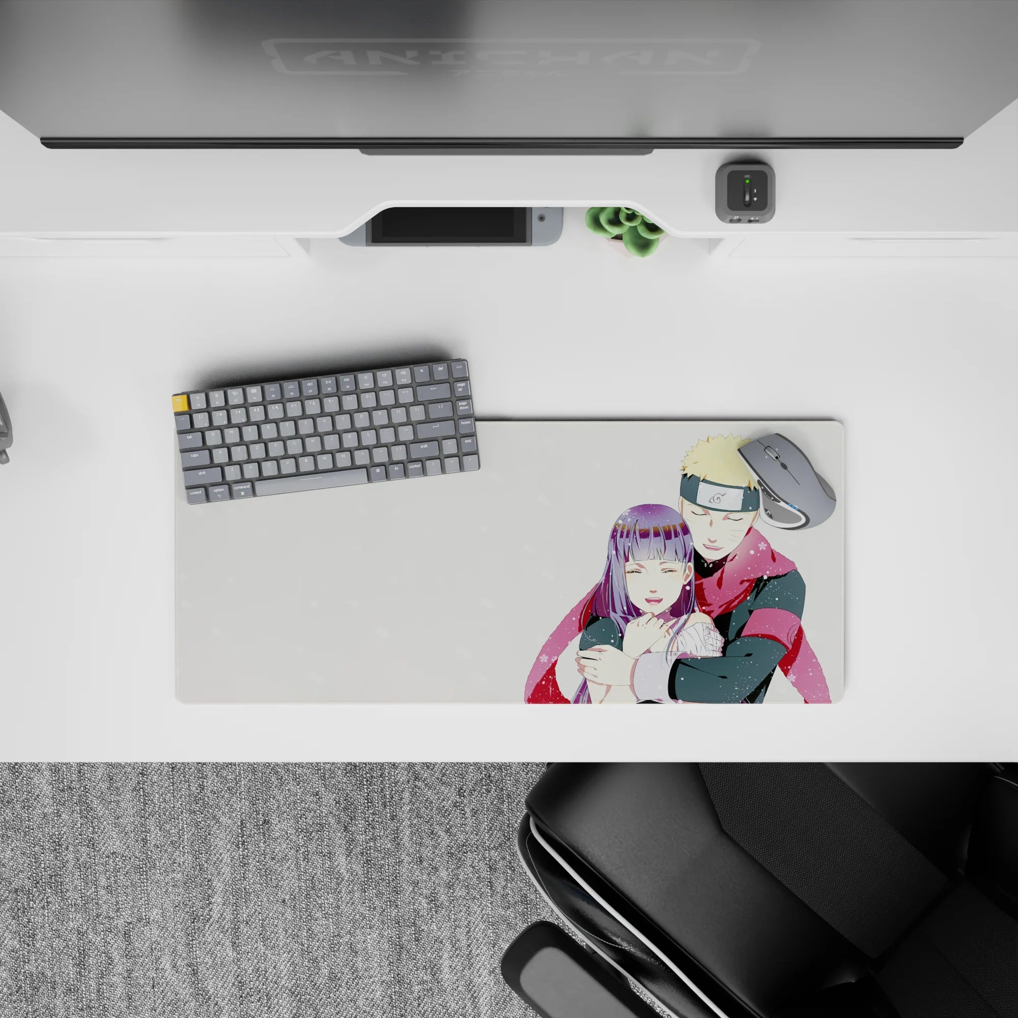 28x12 inches anime mouse pad in creamy white with soft snowflakes and a cozy pastel winter glow.