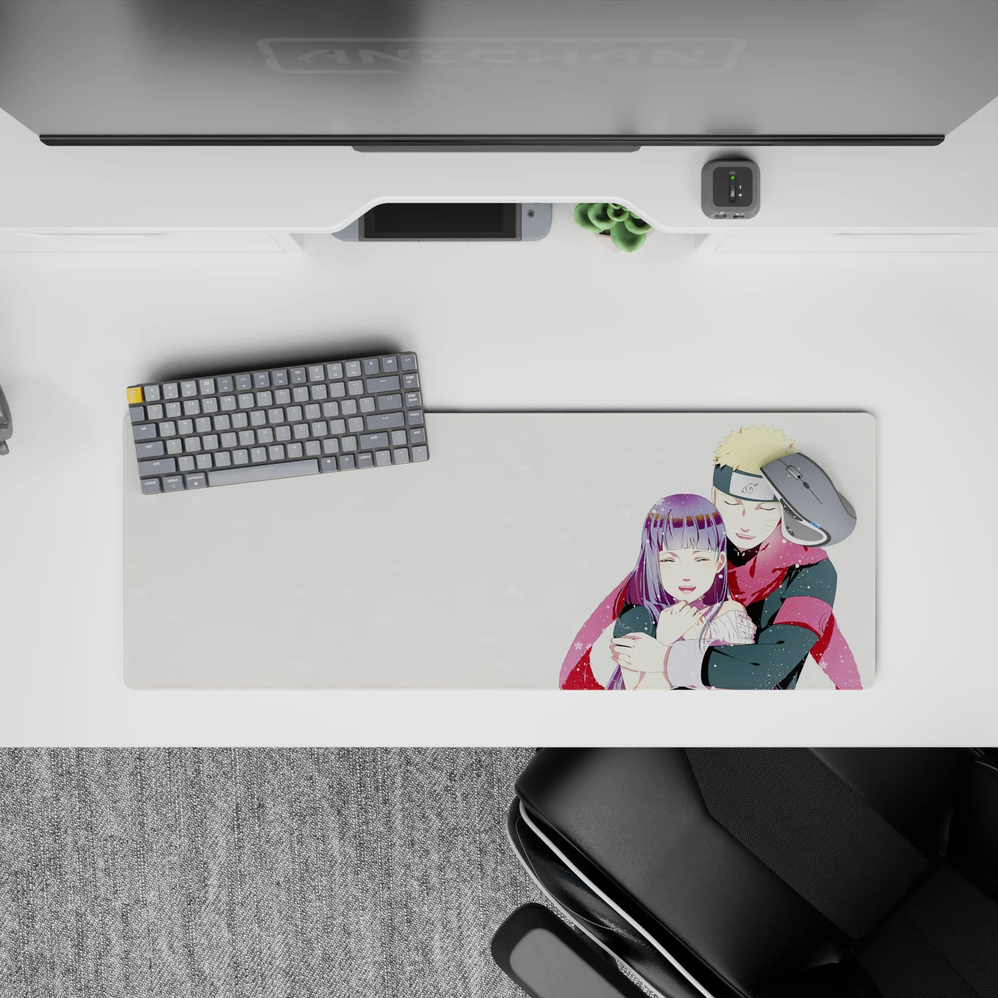 32x12 inches anime mouse pad in creamy white with tiny snowflakes and a bold red scarf, cozy glow.