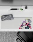 32x12 inches anime mouse pad in creamy white with tiny snowflakes and a bold red scarf, cozy glow.