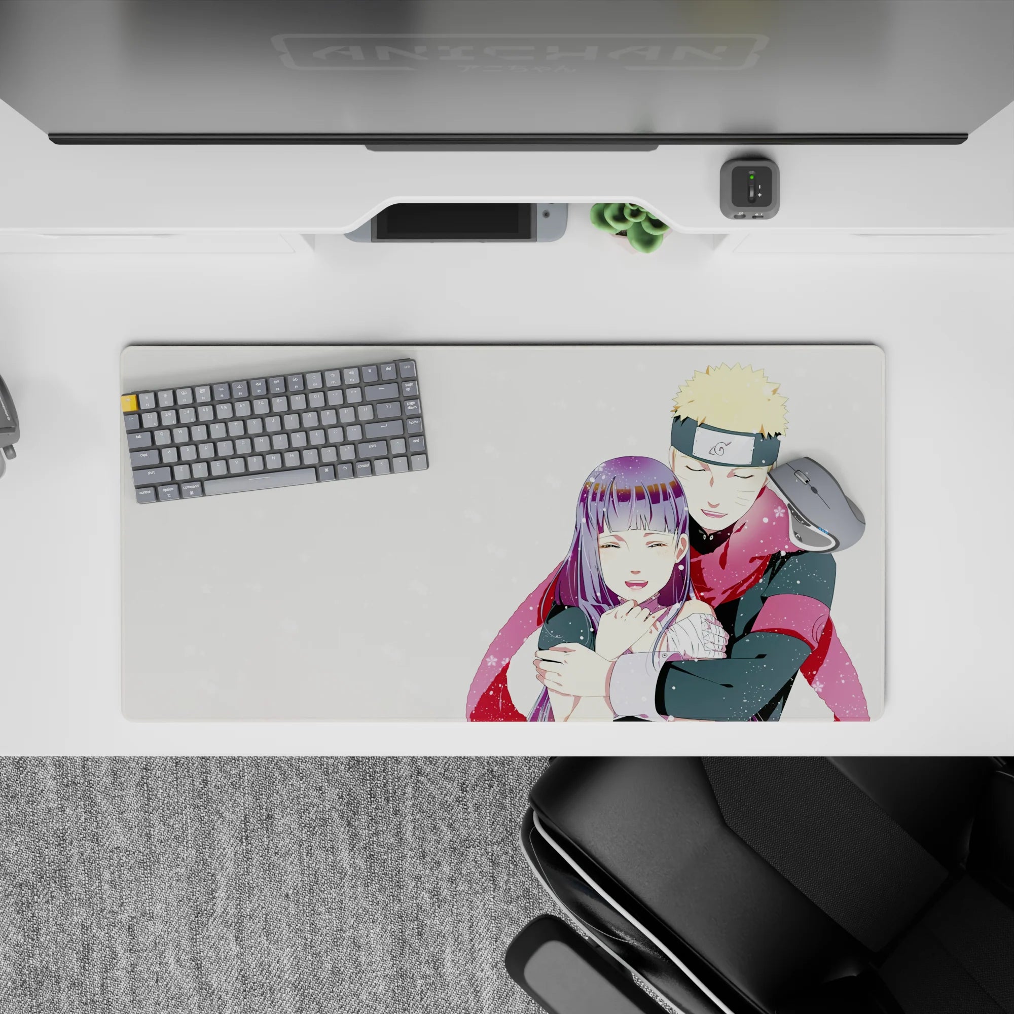 32x16 inches anime mouse pad in pastel winter tones, red scarf pop, cozy romantic desk vibe.
