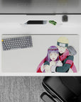 32x16 inches anime mouse pad in pastel winter tones, red scarf pop, cozy romantic desk vibe.