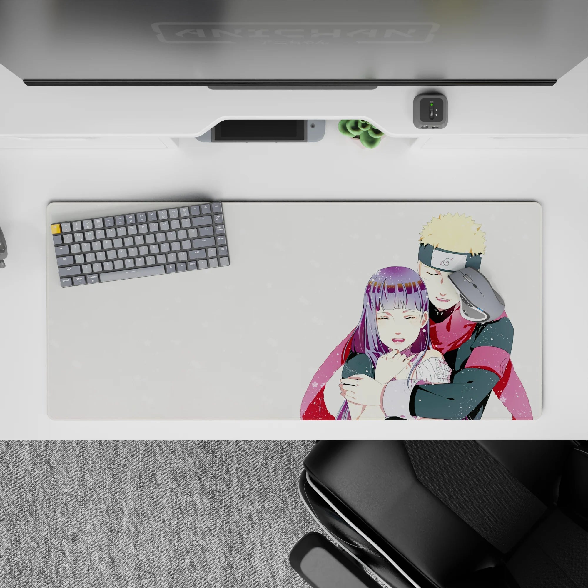 36x16 inches anime desk pad in soft pastel glow, tiny snowflakes, red scarf pop, cozy romance.