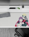 36x16 inches anime desk pad in soft pastel glow, tiny snowflakes, red scarf pop, cozy romance.