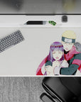 40x20 inches anime desk pad in soft whites with tiny snowflakes and a bold red scarf, cozy romantic mood.