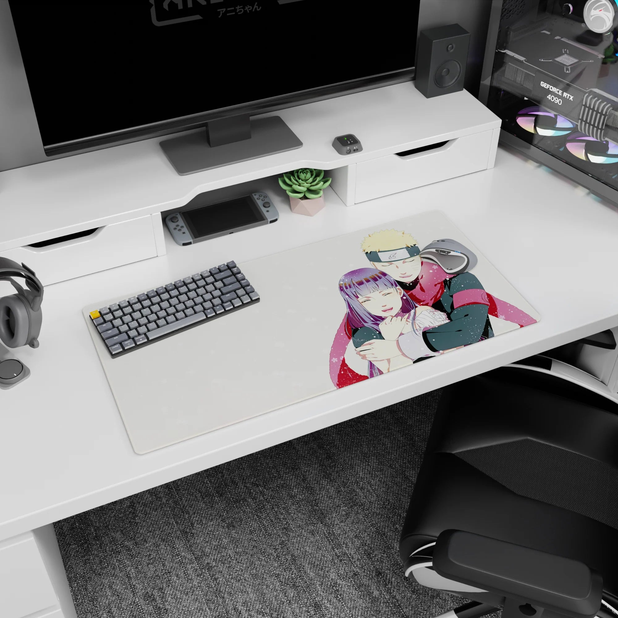 32x16 inches Naruto mouse pad featuring Naruto Uzumaki hugging Hinata Hyuga in falling snow.