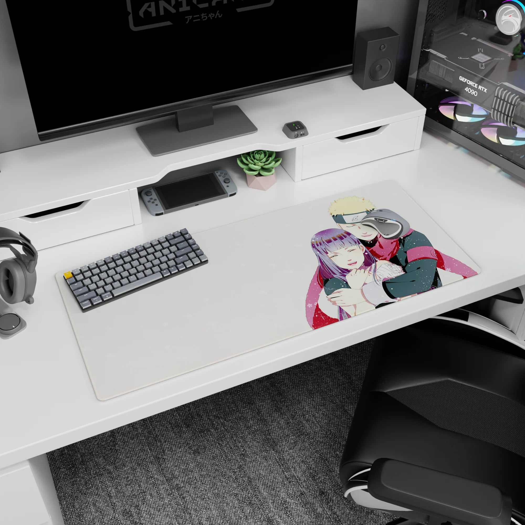36x16 inches Naruto desk pad showing Naruto Uzumaki hugging Hinata Hyuga in falling snow.