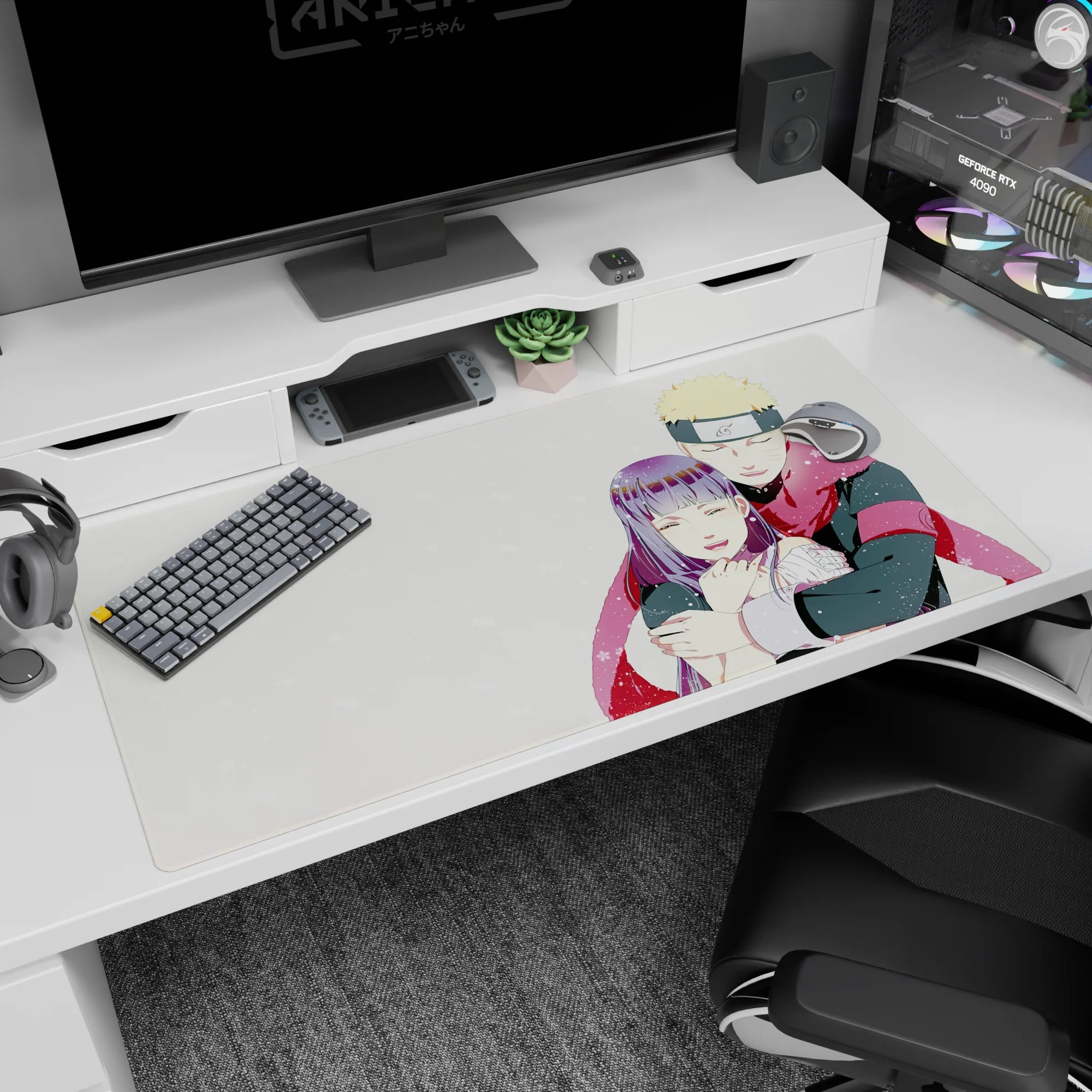 40x20 inches Naruto desk pad showing Naruto Uzumaki hugging Hinata Hyuga in falling snow, calm and sweet.