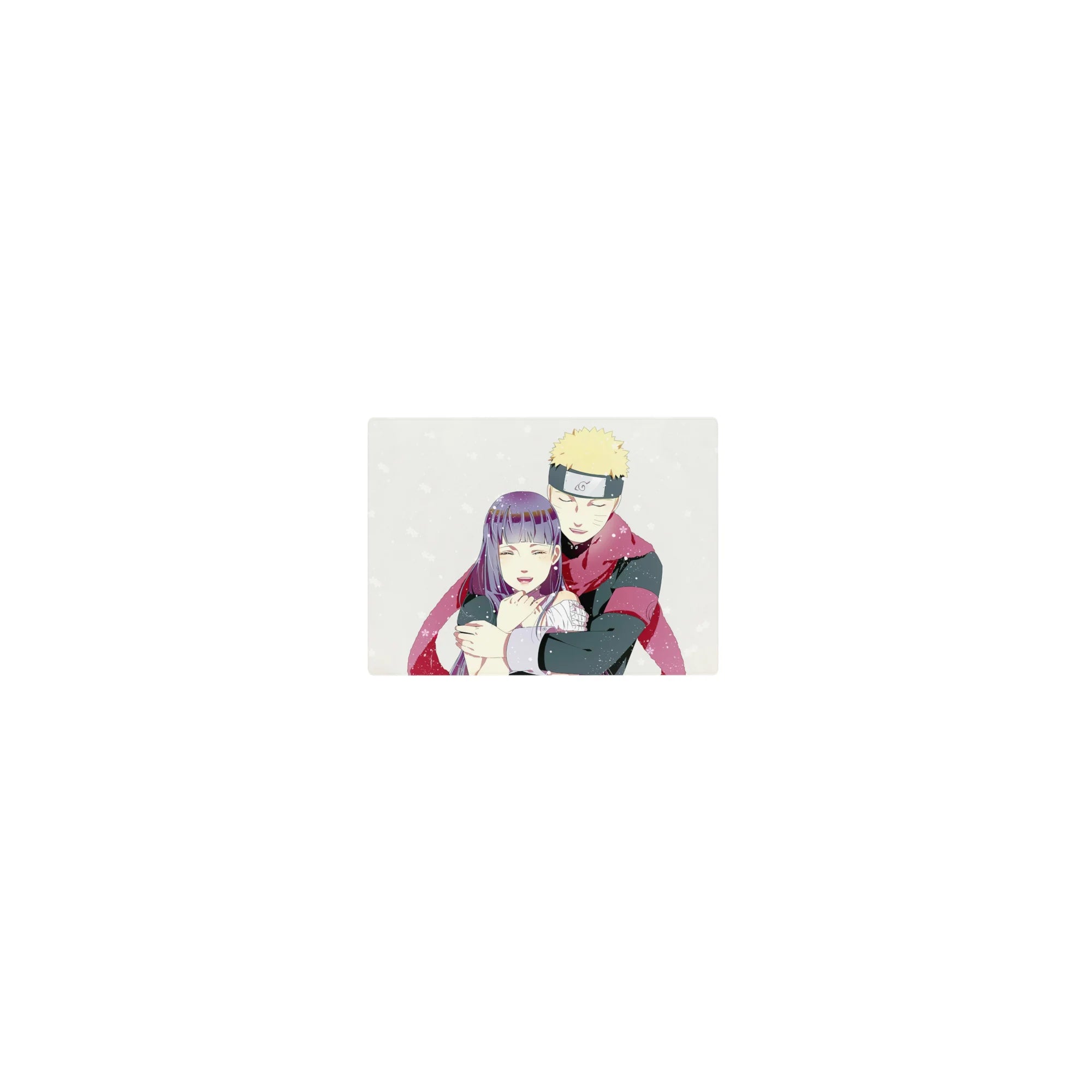 14x10 inches classic anime mouse pad with Naruto and Hinata in a snowy winter hug on a creamy backdrop.