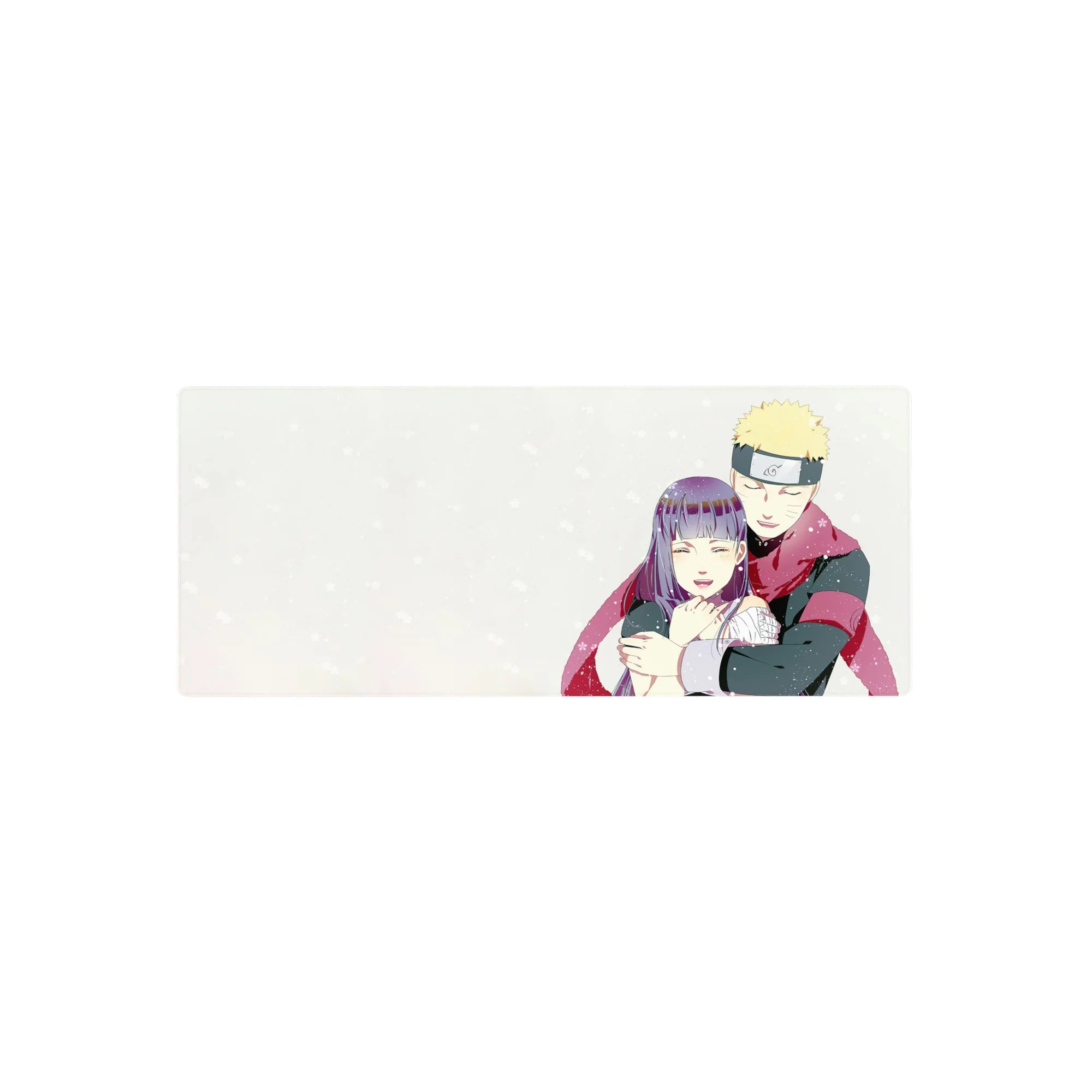 28x12 inches anime mouse pad with snowy white backdrop, Naruto and Hinata hug, red scarf detail.