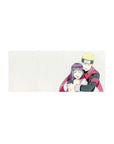 28x12 inches anime mouse pad with snowy white backdrop, Naruto and Hinata hug, red scarf detail.