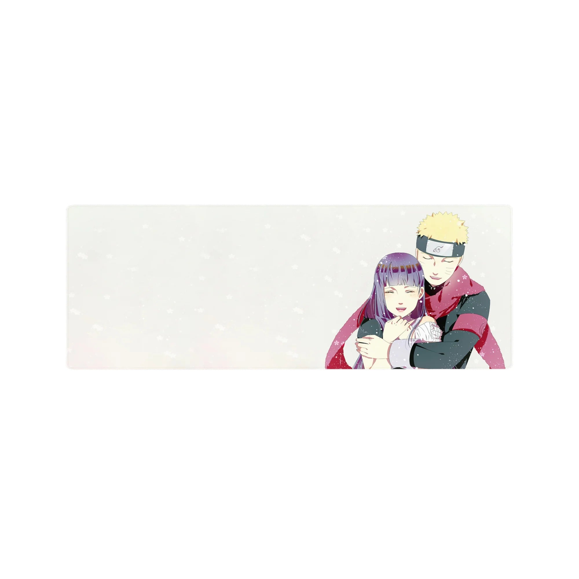 32x12 inches anime mouse pad with snowy Naruto-style couple hug on creamy white background.