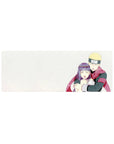 32x12 inches anime mouse pad with snowy Naruto-style couple hug on creamy white background.