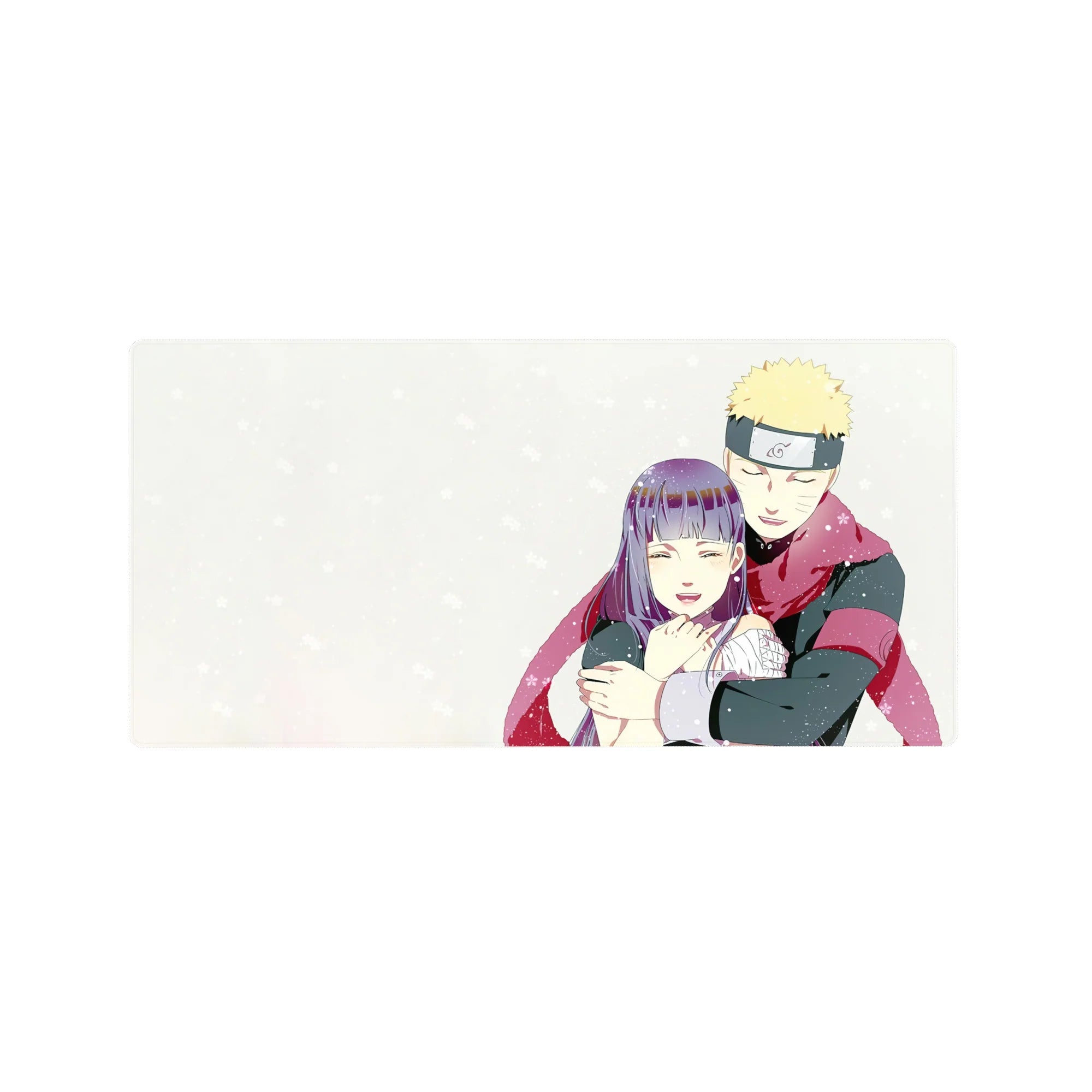 32x16 inches anime mouse pad with snowy Naruto-style couple hug on creamy white background.
