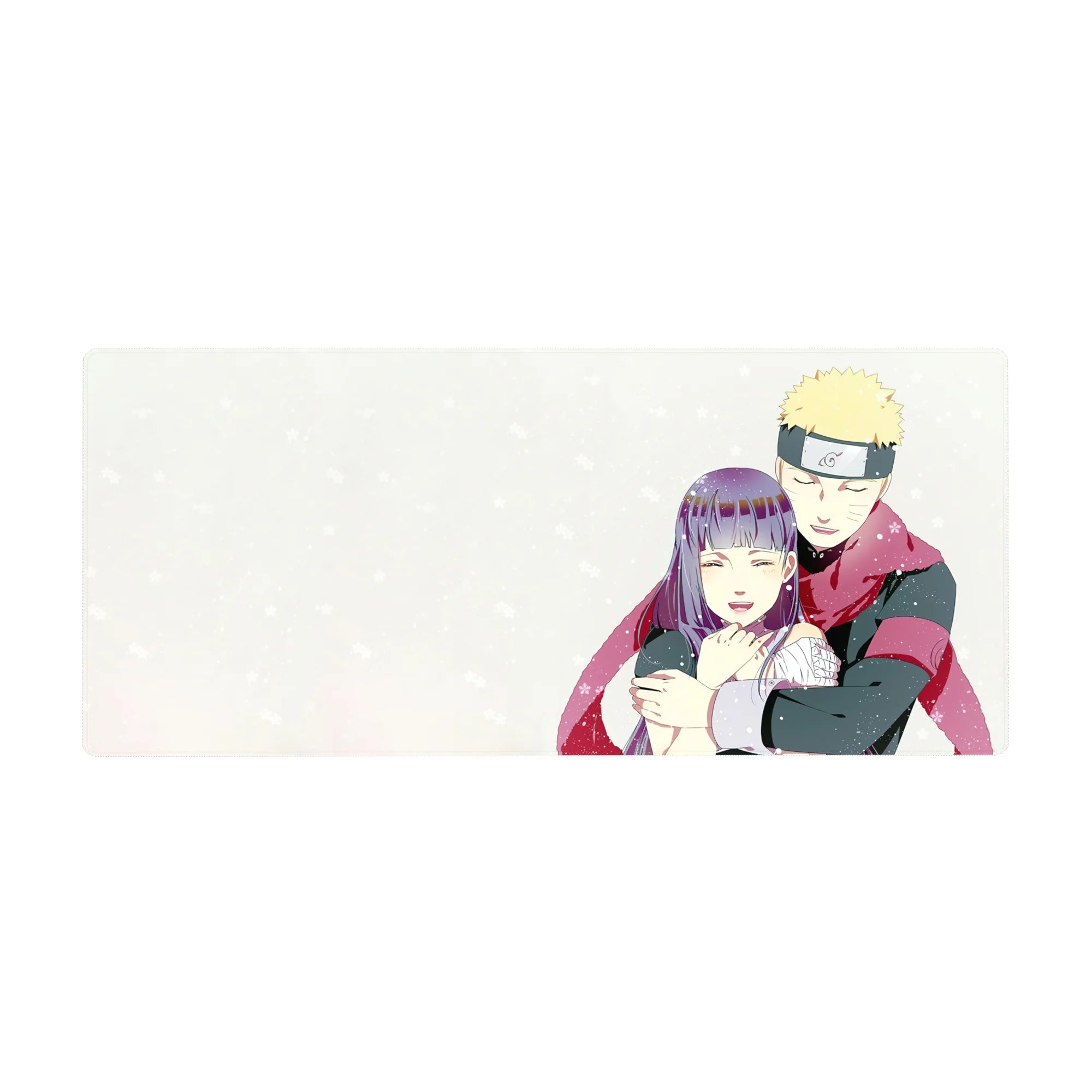 36x16 inches anime desk pad with snowy Naruto-style couple art on creamy white background.