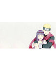 36x16 inches anime desk pad with snowy Naruto-style couple art on creamy white background.