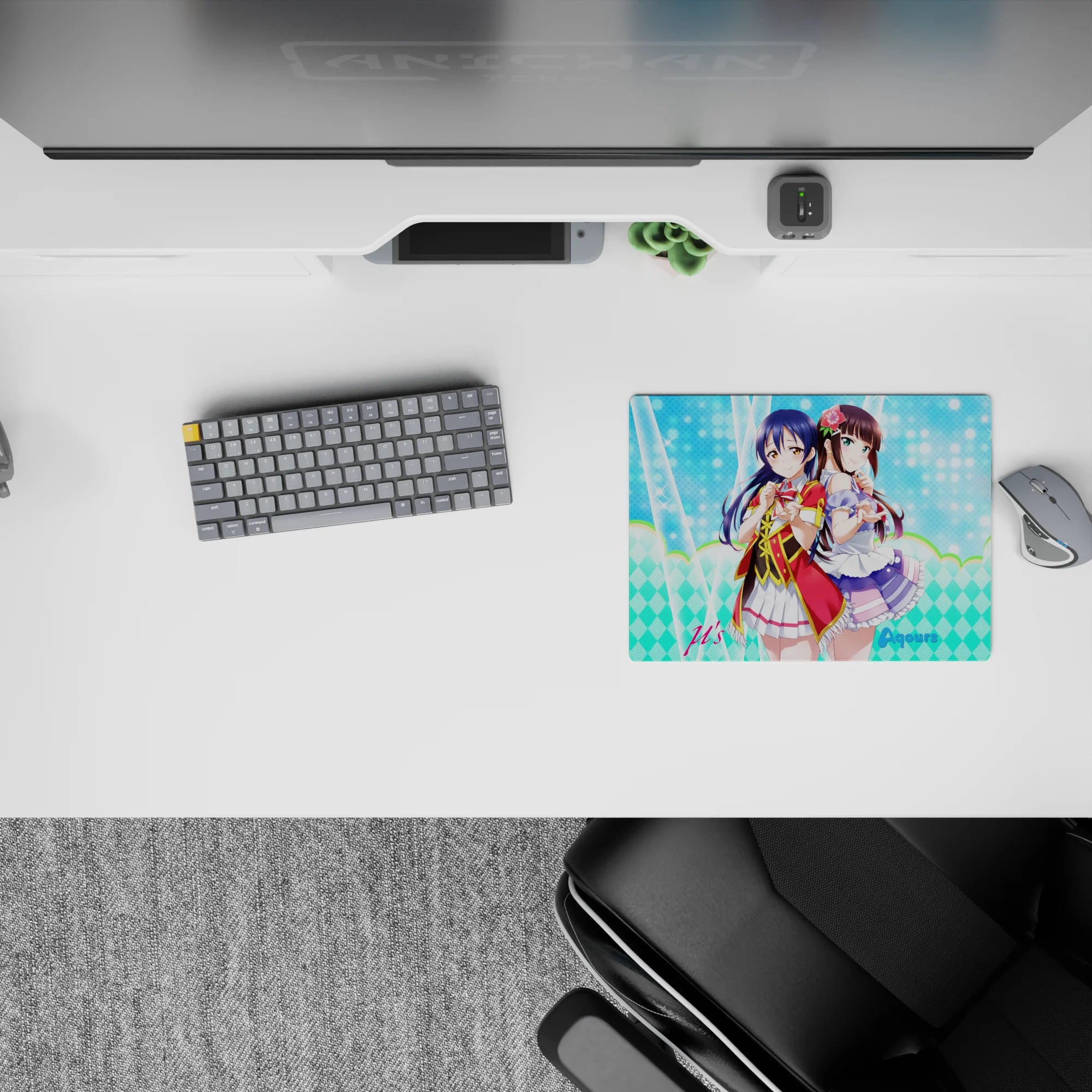 14x10 inches classic anime girl mouse pad in dreamy pastel gradients, aqua sparkle, cute magical vibe.