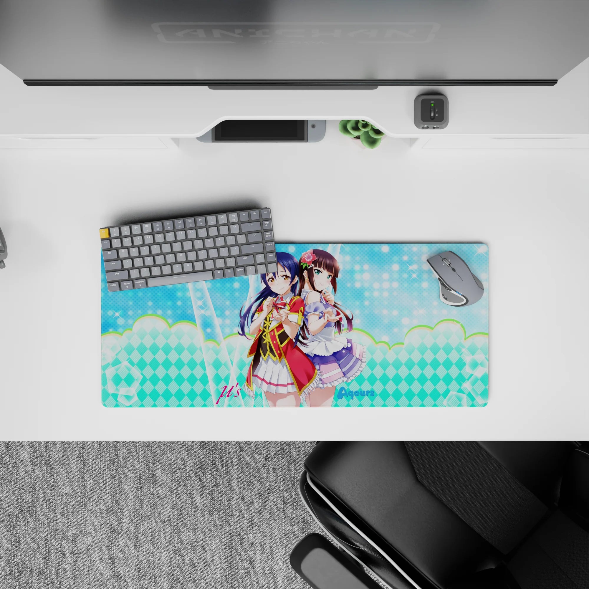 28x12 inches kawaii desk mat in soft gradients, aqua sparkle, and pastel tones for a magical tidy setup.